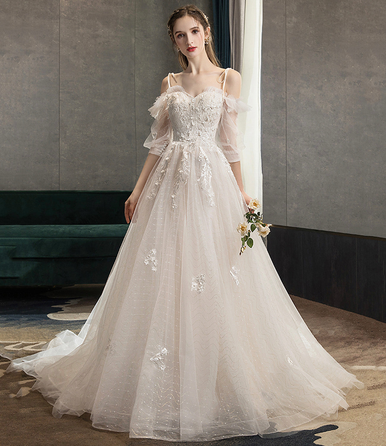 Cute tulle lace long prom dress A line evening dress 10573