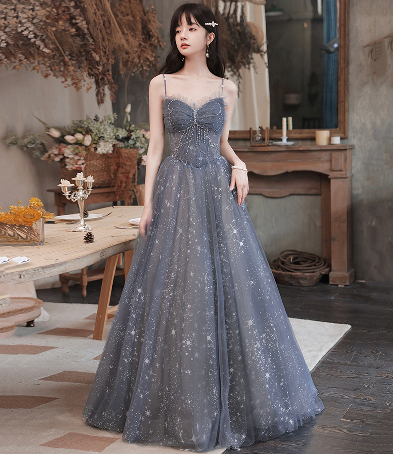 Gray tulle long prom dress A line evening dress 10489