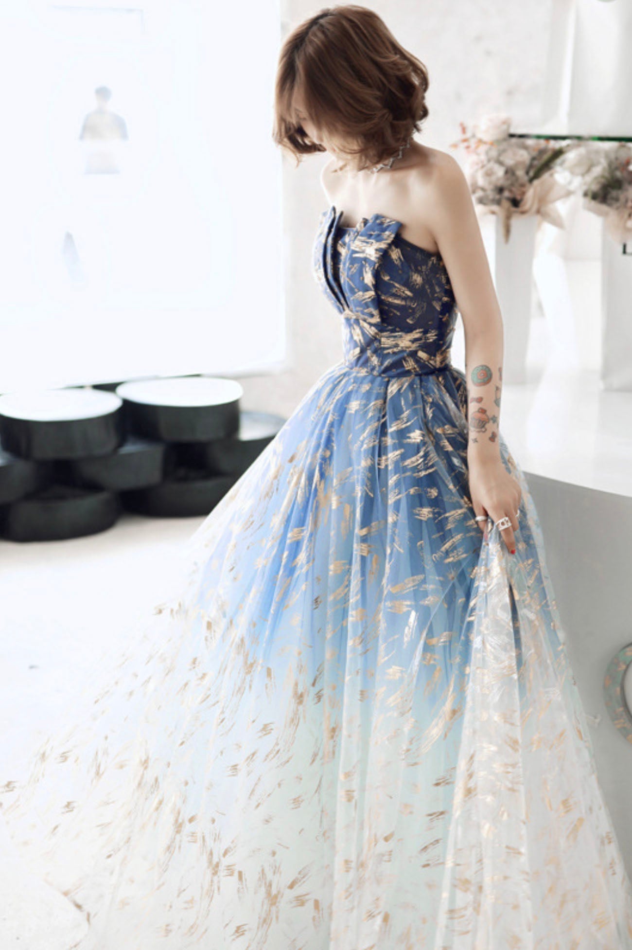 Blue tulle long prom dress blue evening dress 10590