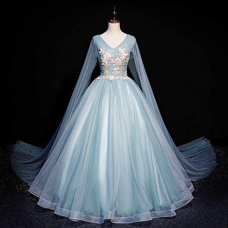Blue tulle lace long prom dress blue evening dress 10636