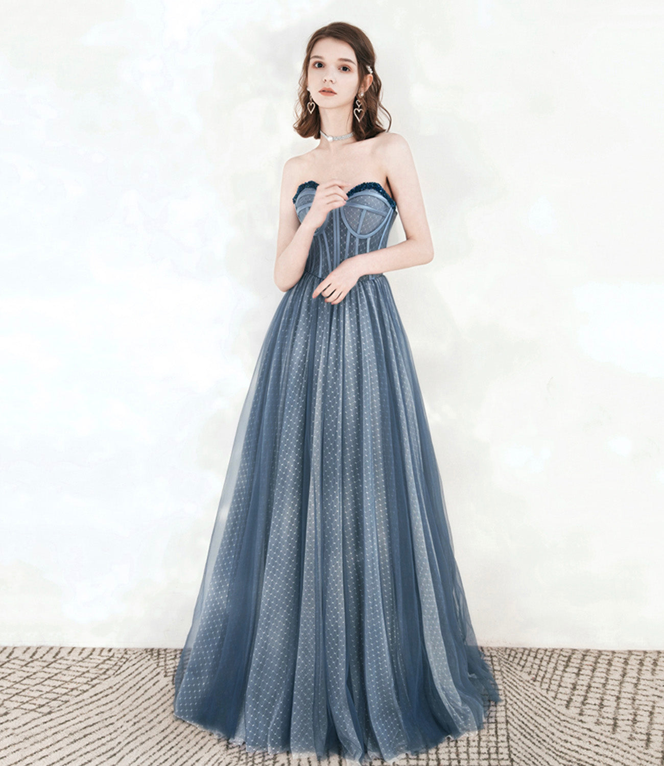 Blue tulle beads long prom dress A line evening dress 10549