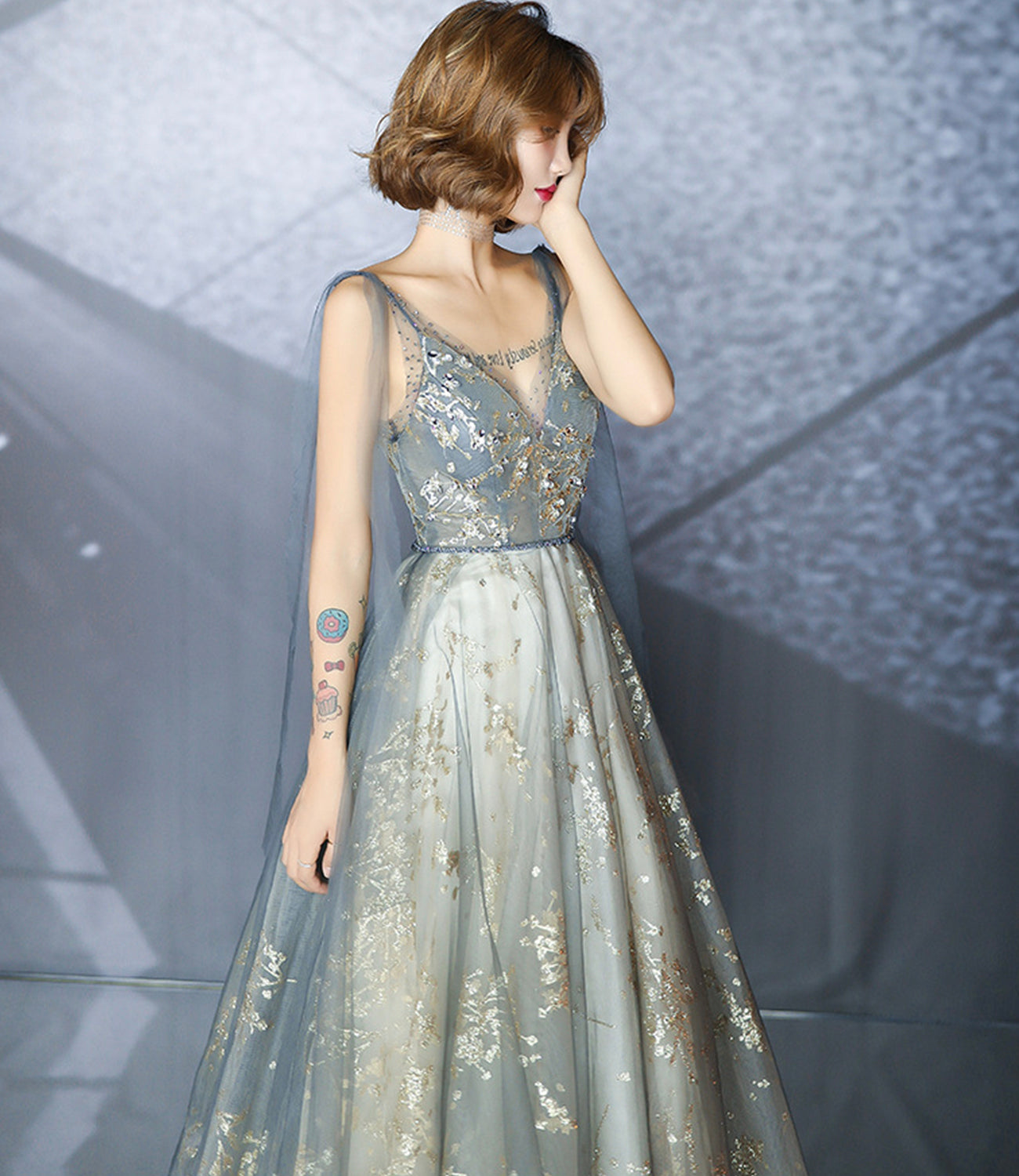 Gray tulle sequins long prom dress A line evening gown 10492