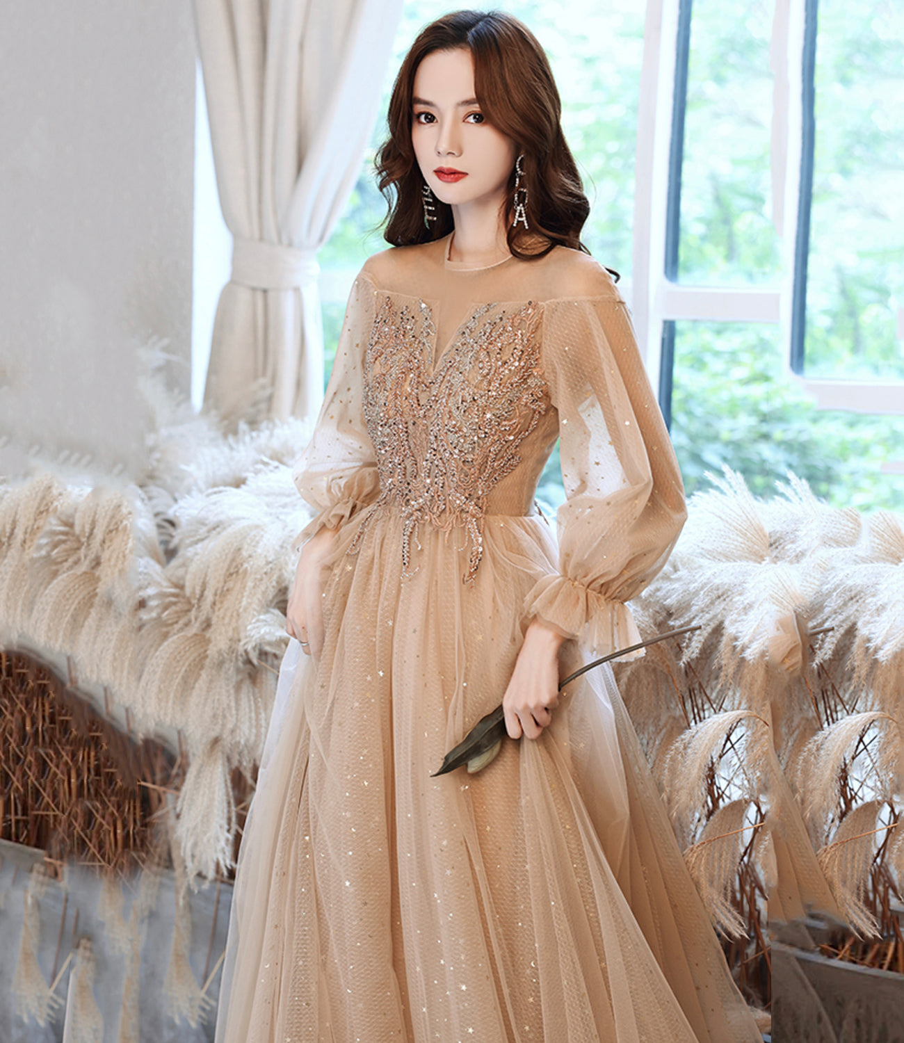 Cute tulle beads long prom dress A line evening dress 10523