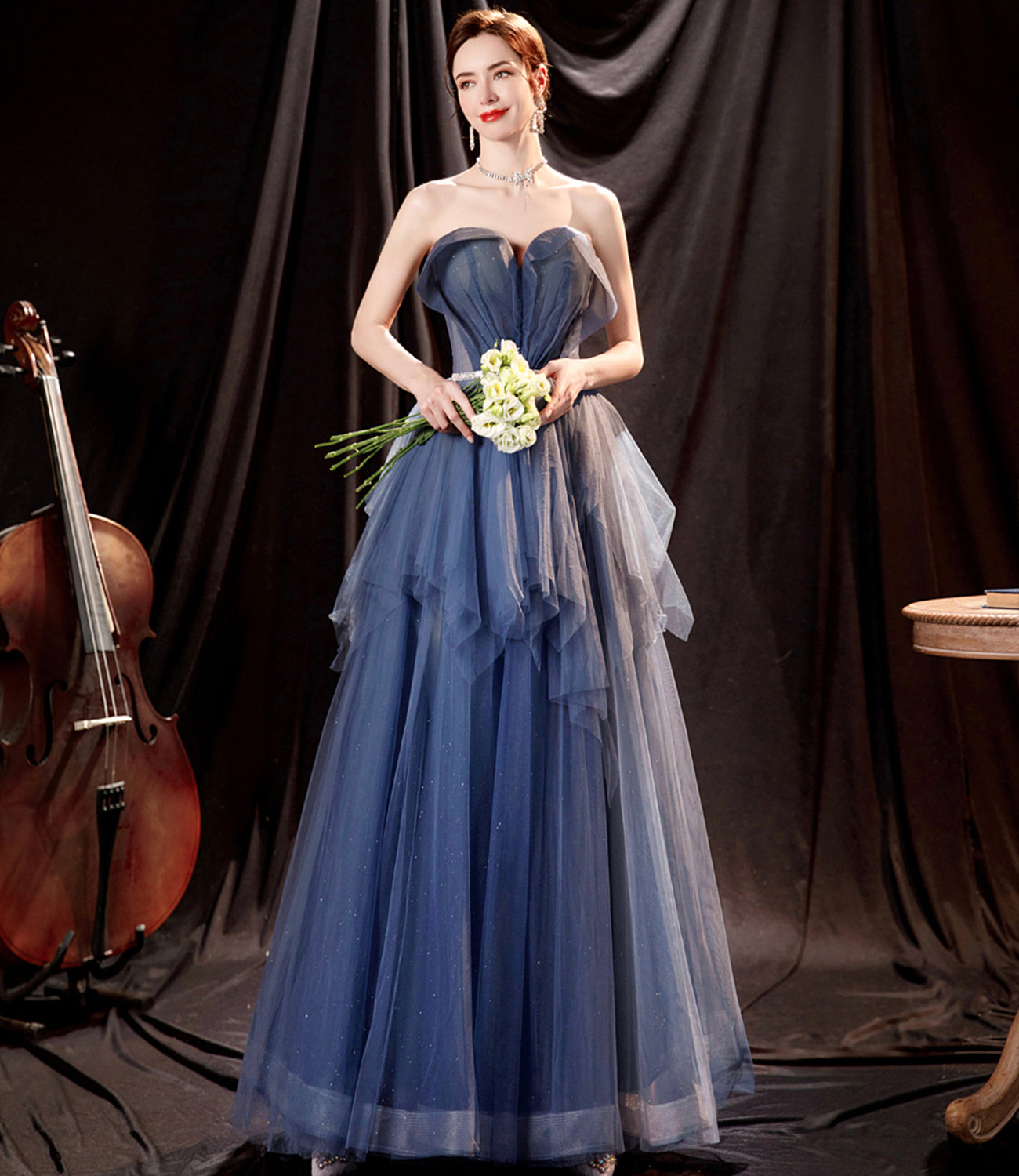 Blue tulle long A line prom dress blue evening dress 10533