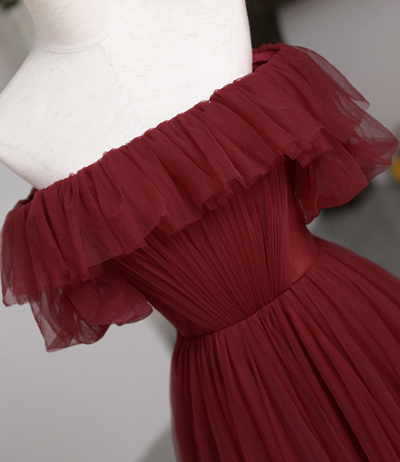 Burgundy tulle long prom dress A line evening dress 10503