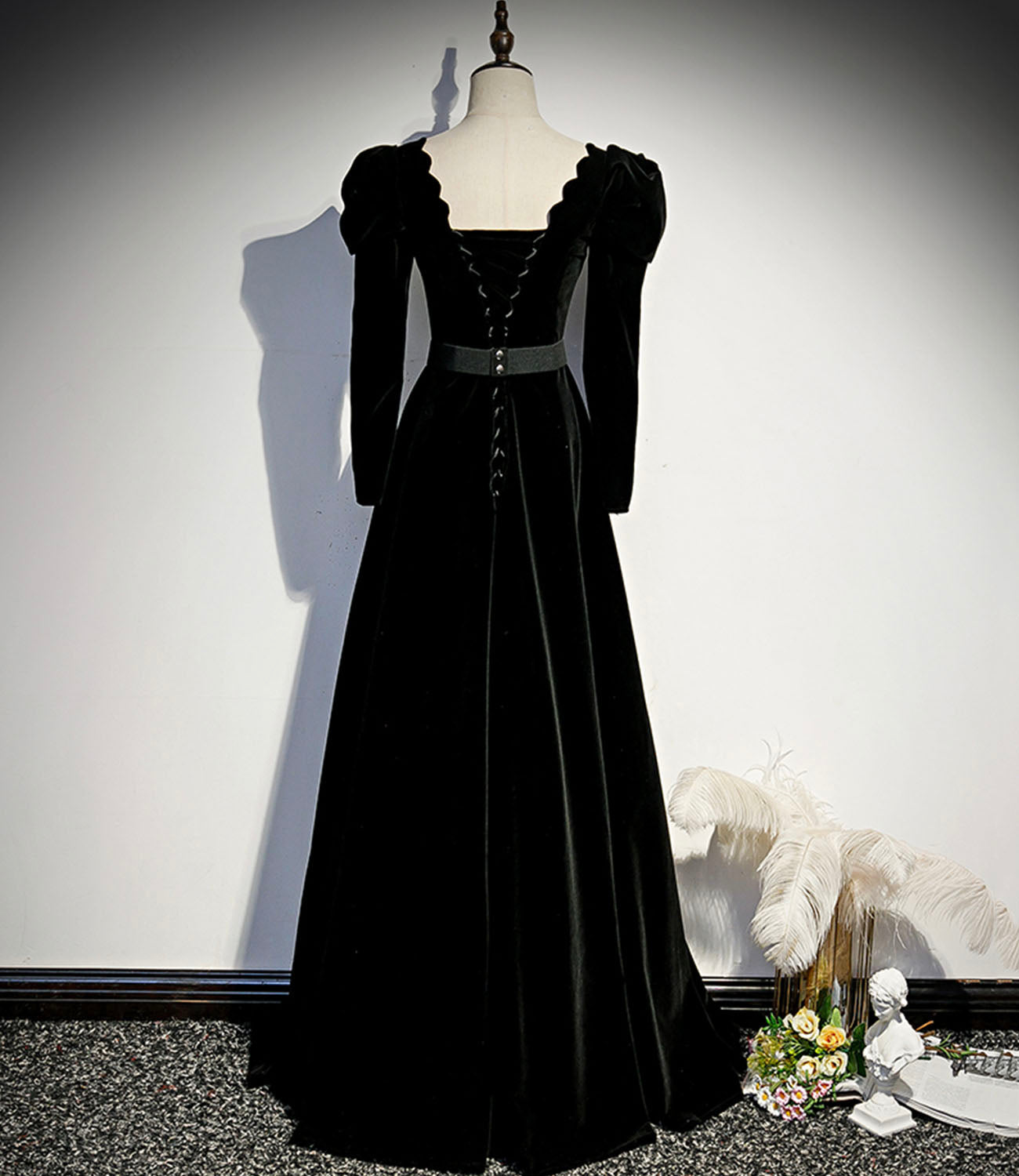 Black velvet long prom dress A line evening dress 10330