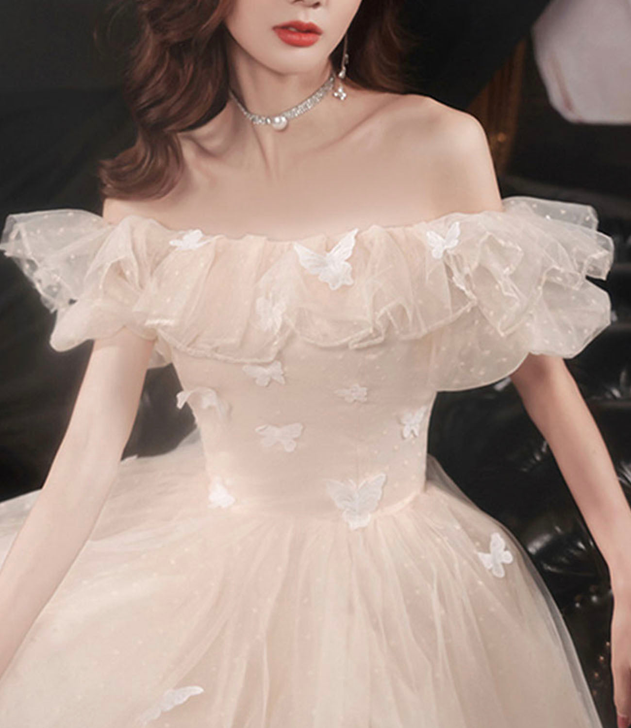 Champagne tulle long prom dress A line evening dress 10423