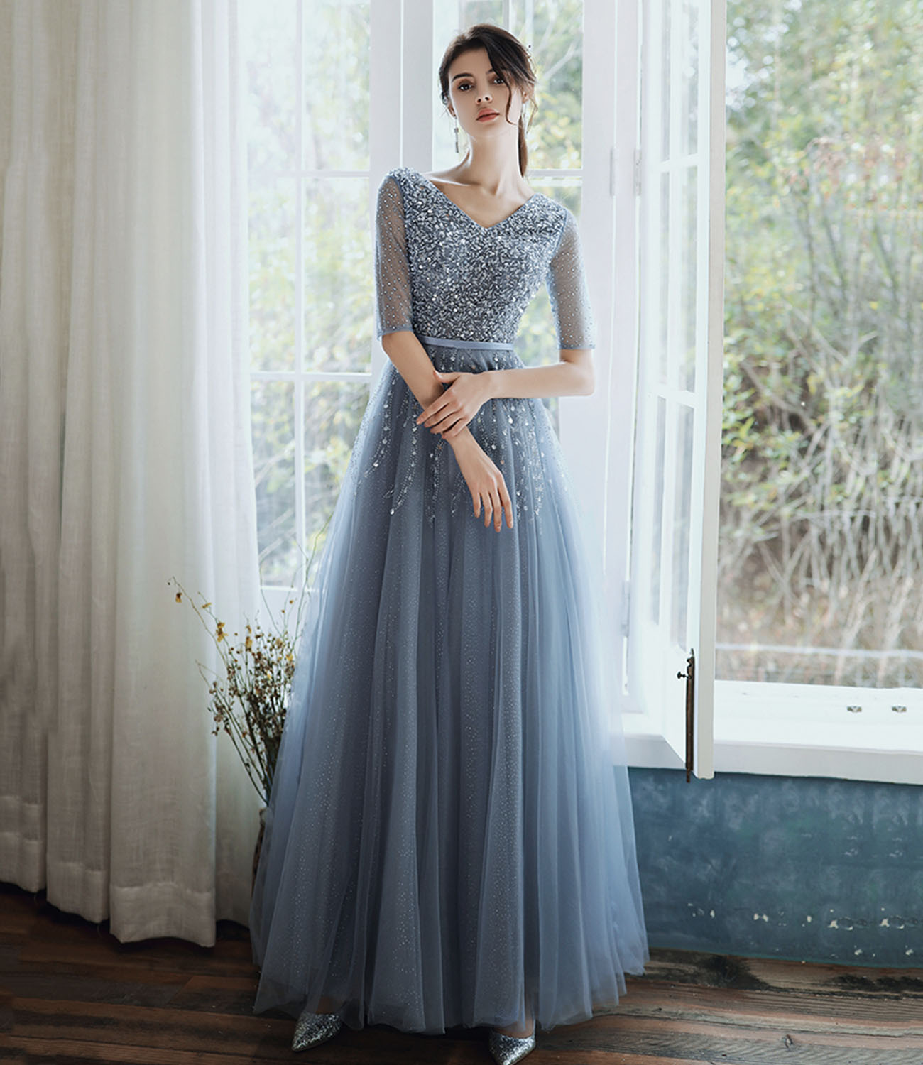 Blue tulle beads long prom dress A line evening gown 10333