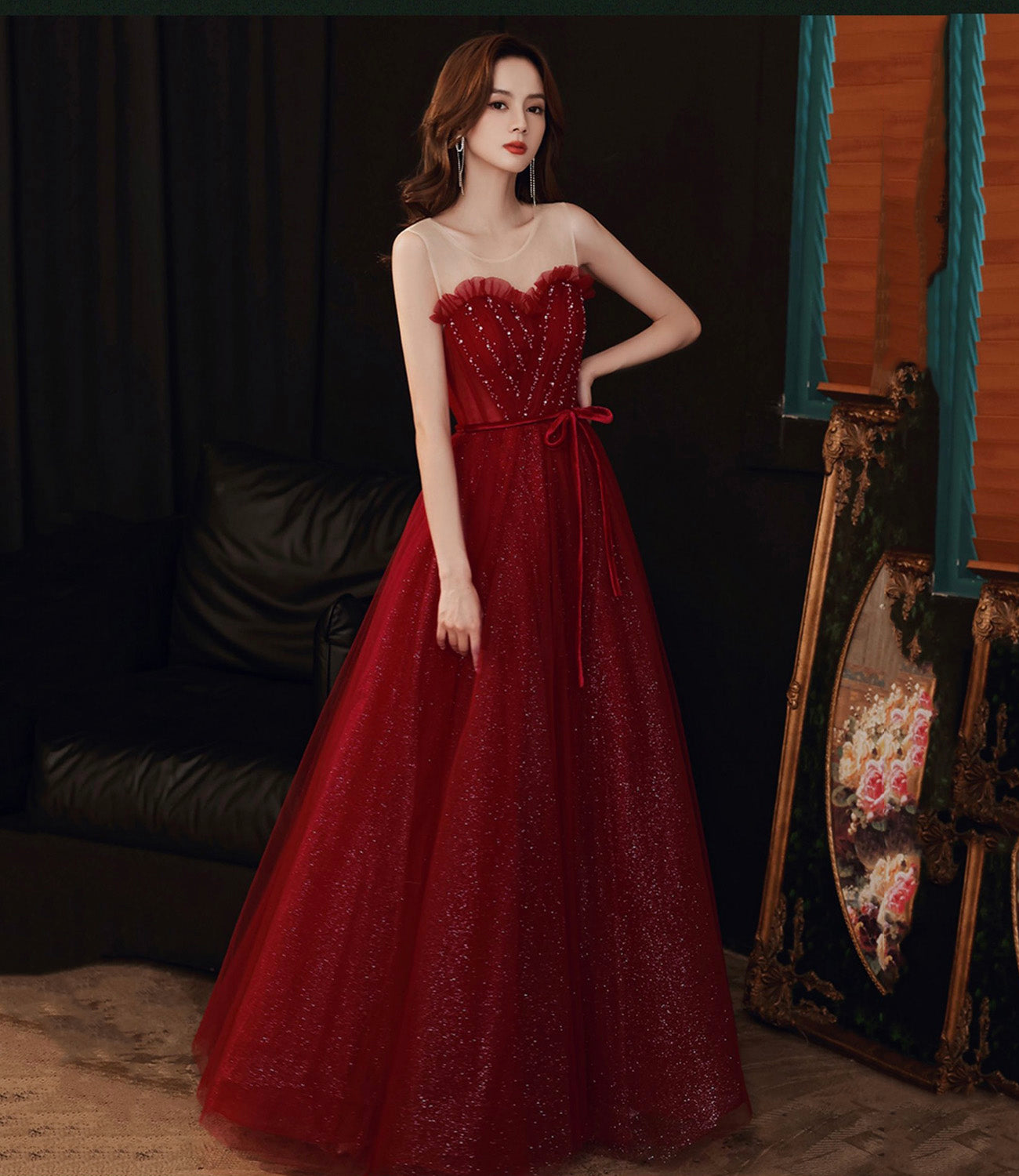 Burgundy tulle sequins long prom dress A line evening dress 10555