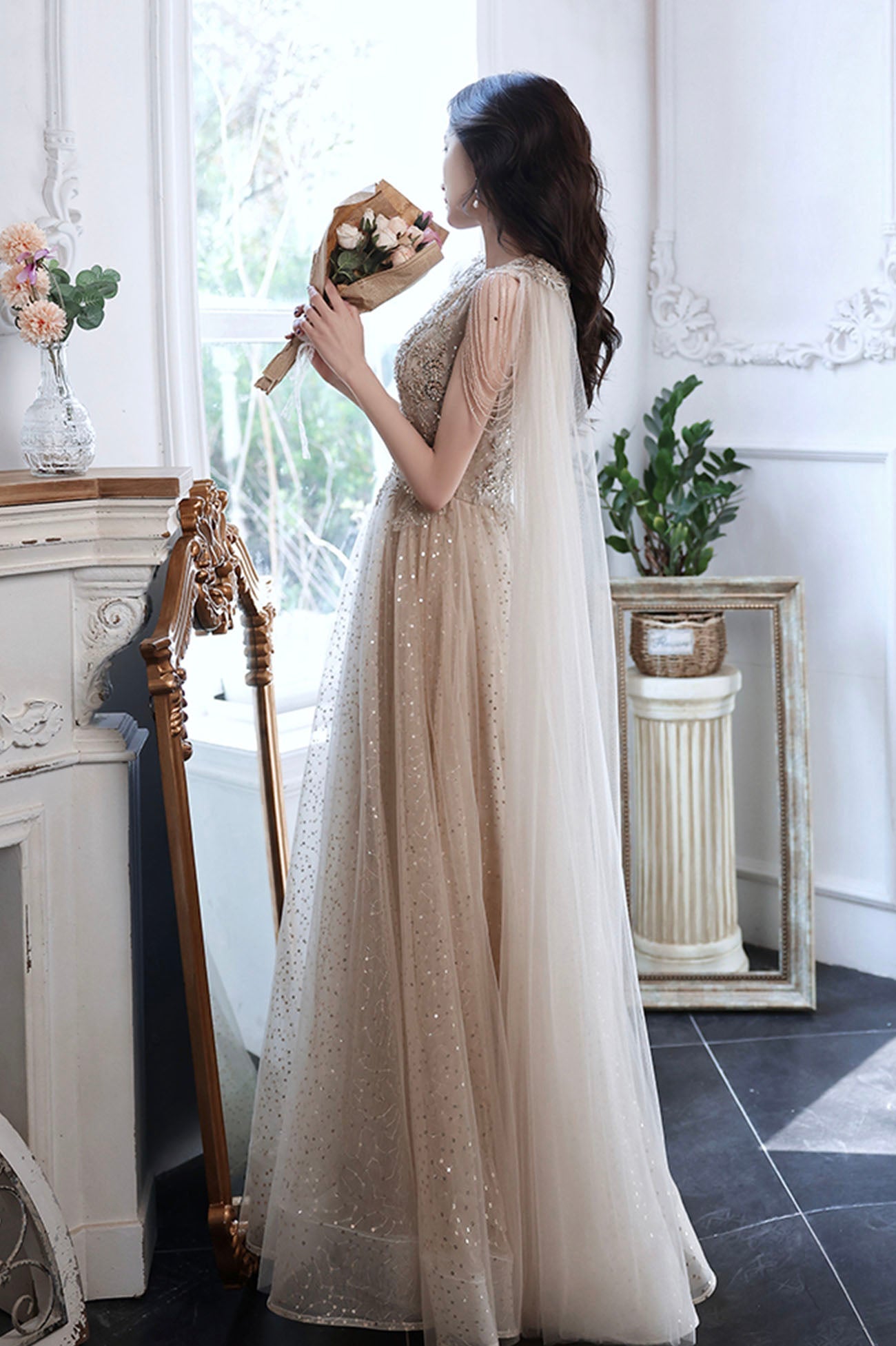 Champagne tulle sequins long prom dress evening dress 10605