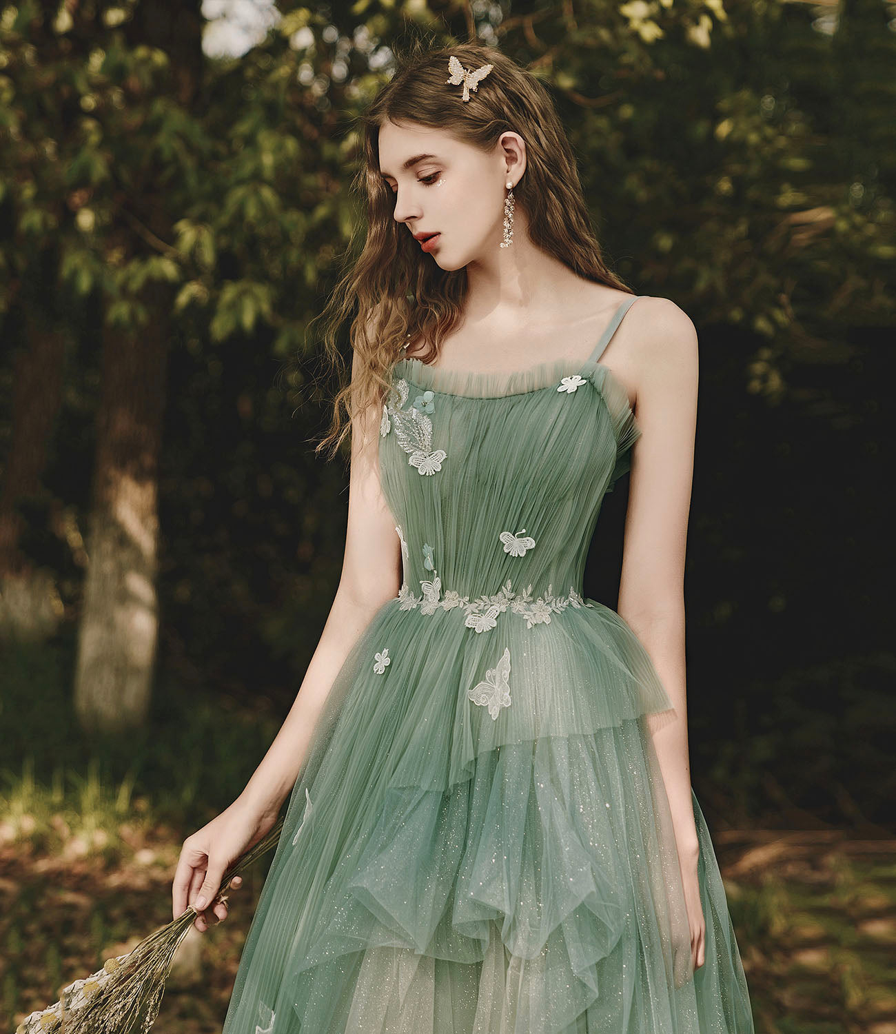 Green tulle lace long prom dress A line evening dress 10419