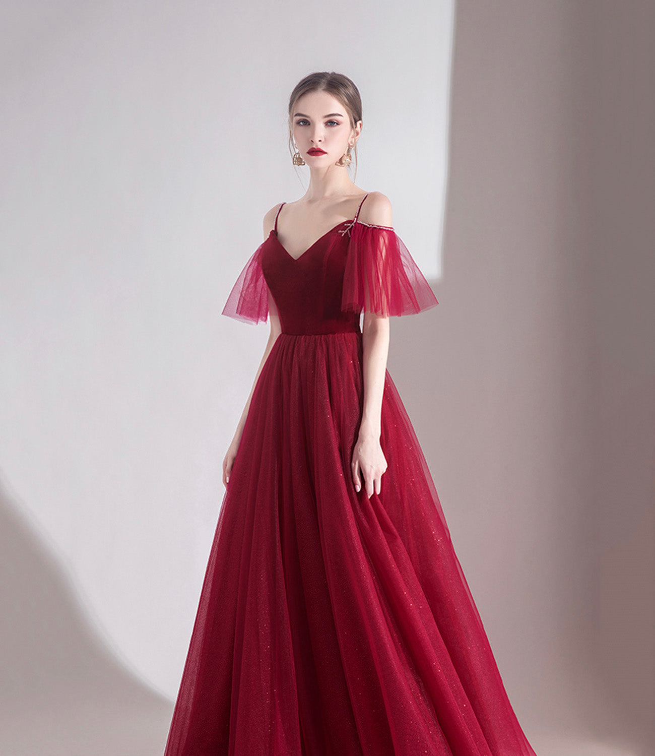 Bugundy velet tulle long prom dress A line evening dress 10553