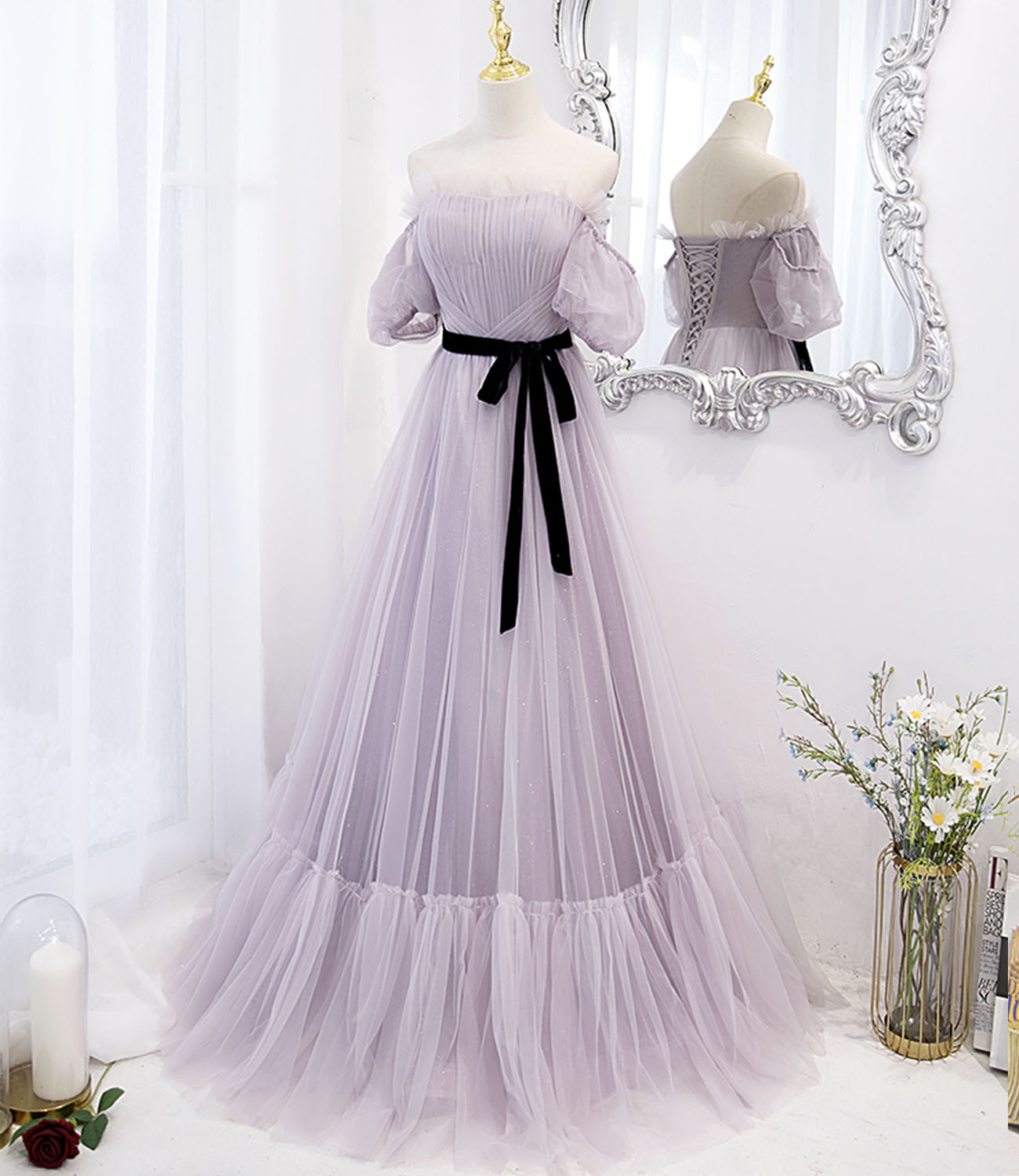Purple tulle long prom dress A line evening dress 10446