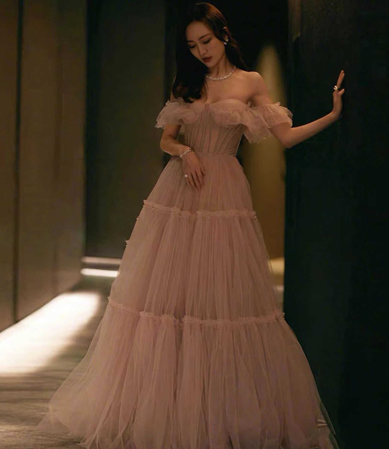 Pink tulle long prom dress A line evening dress 10336