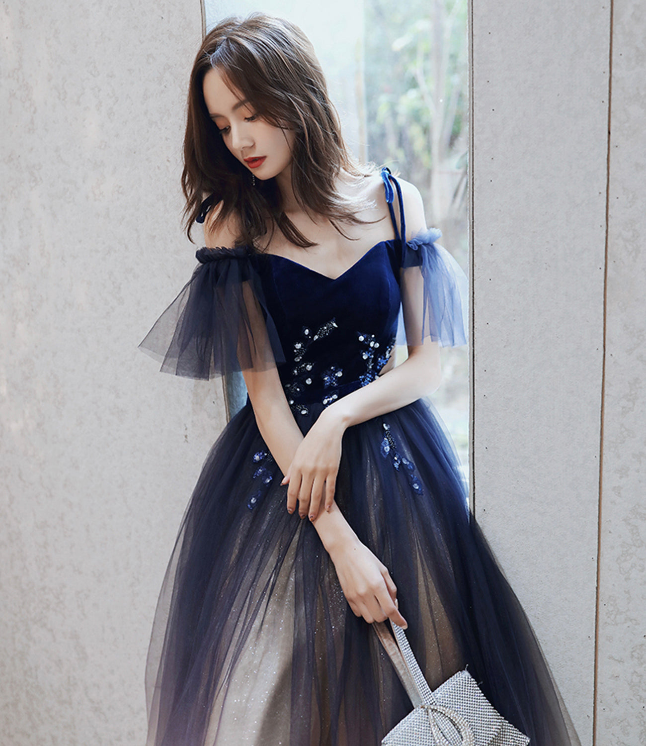 Blue velvet tulle long prom dress A line evening dress 10365
