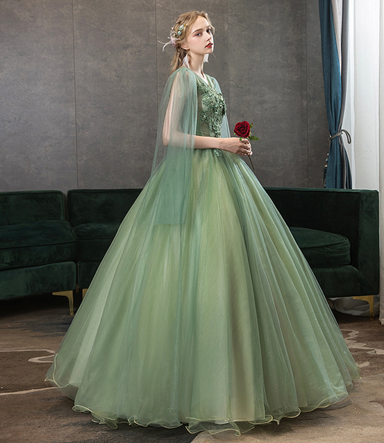 Green tulle lace long prom dress A line evening gown 10342