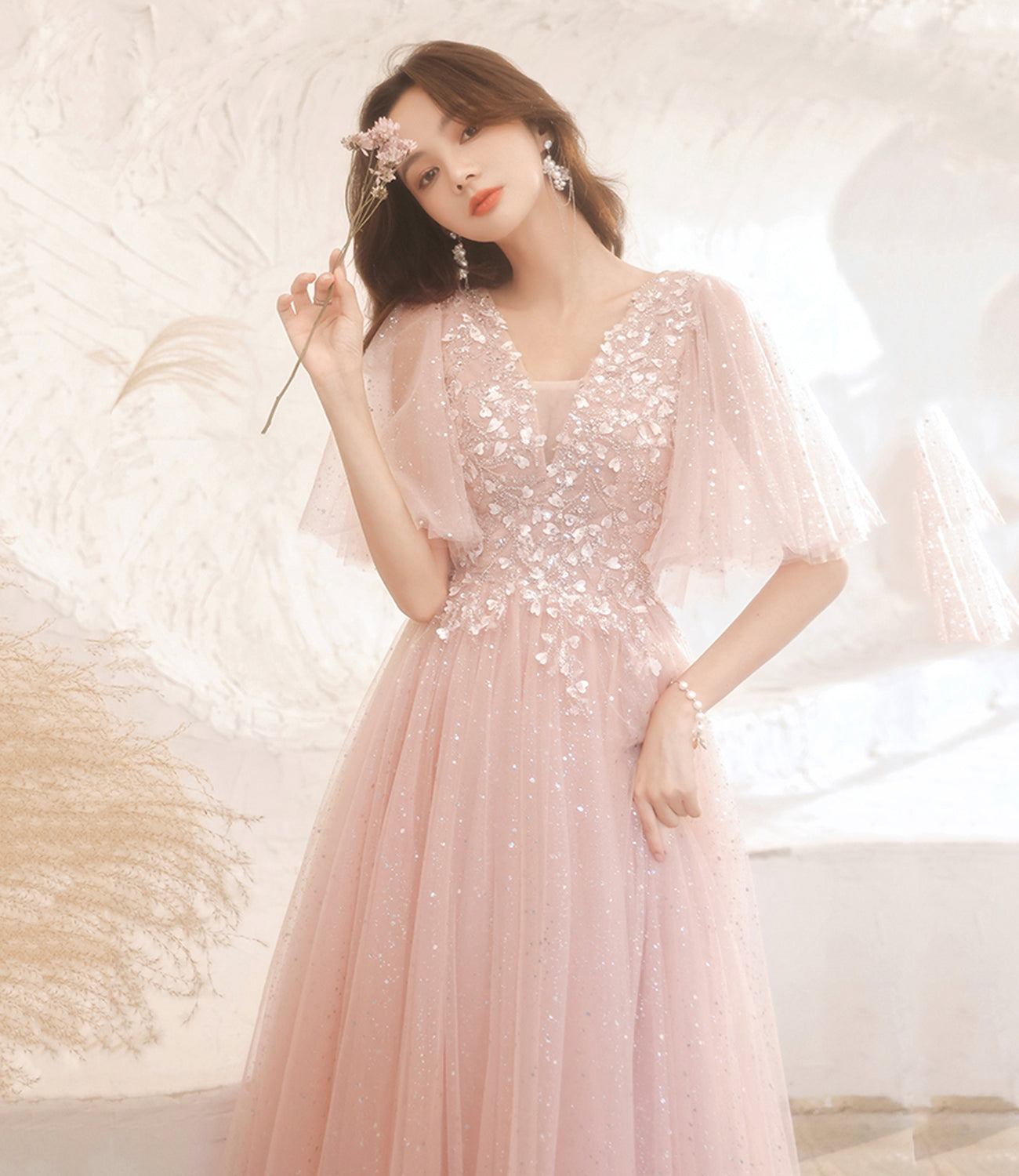 Pink tulle lace long prom dress pink evening dress 10525