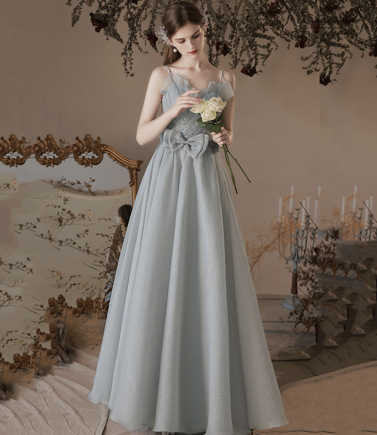 Gray soft chiffon long prom dress A line evening dress 10427