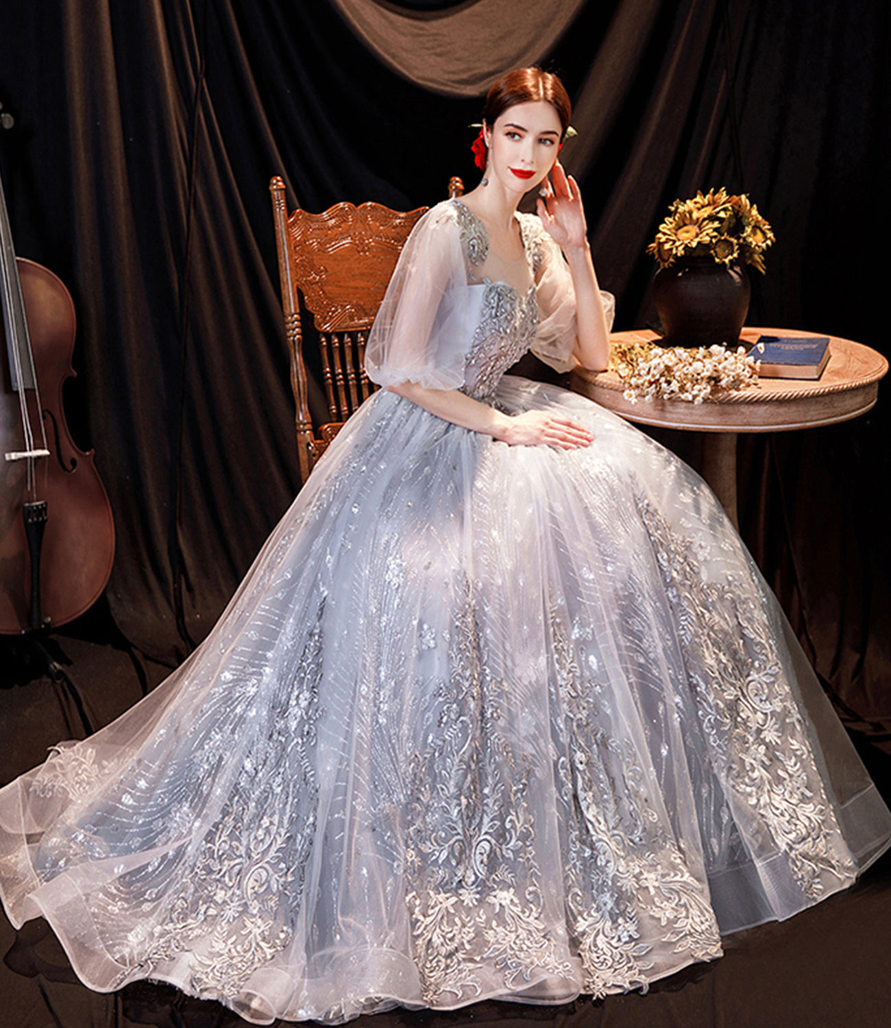 Gray tulle lace long prom dress A line evening gown 10508