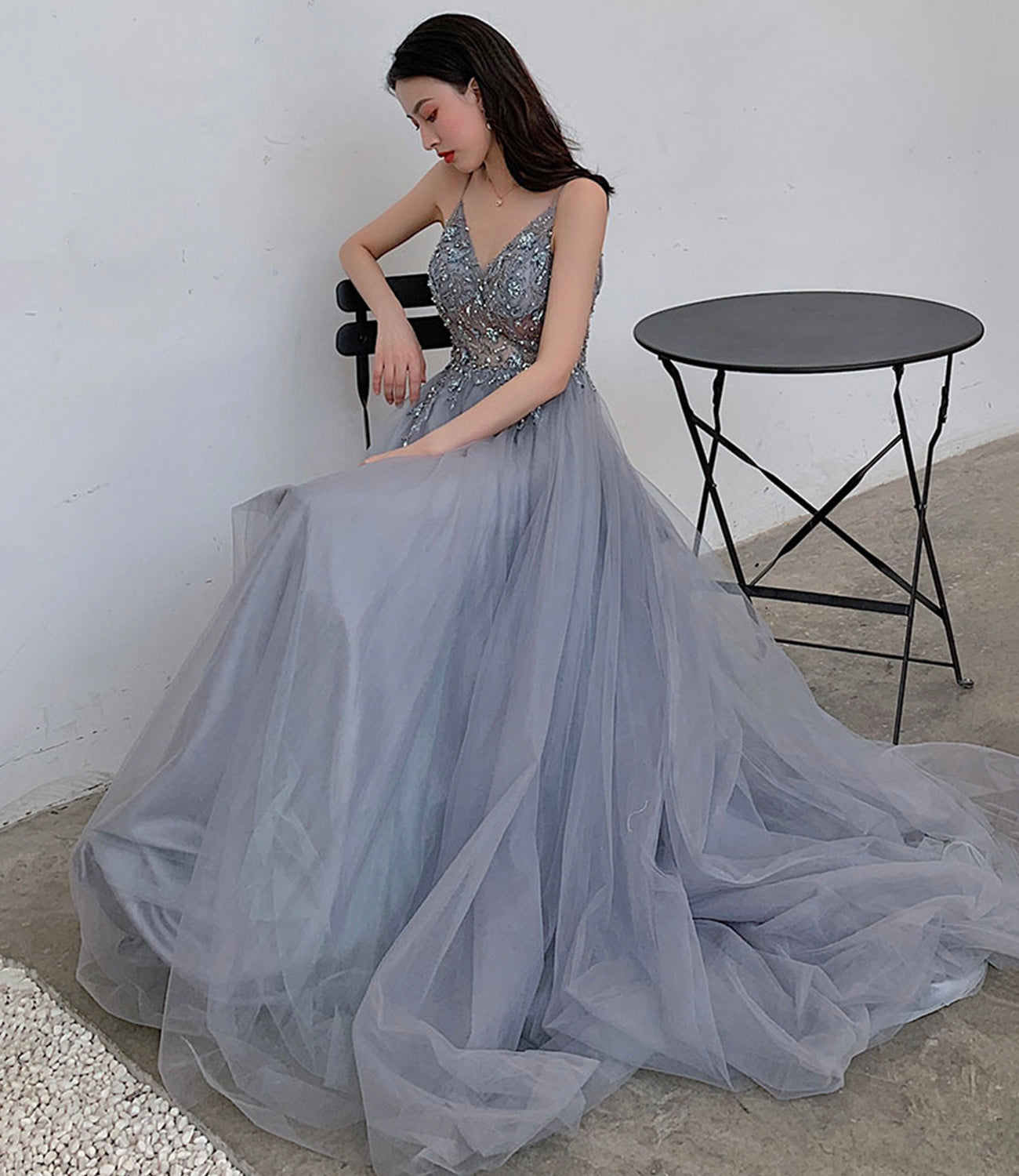Blue tulle beads long prom dress blue evening dress 10453