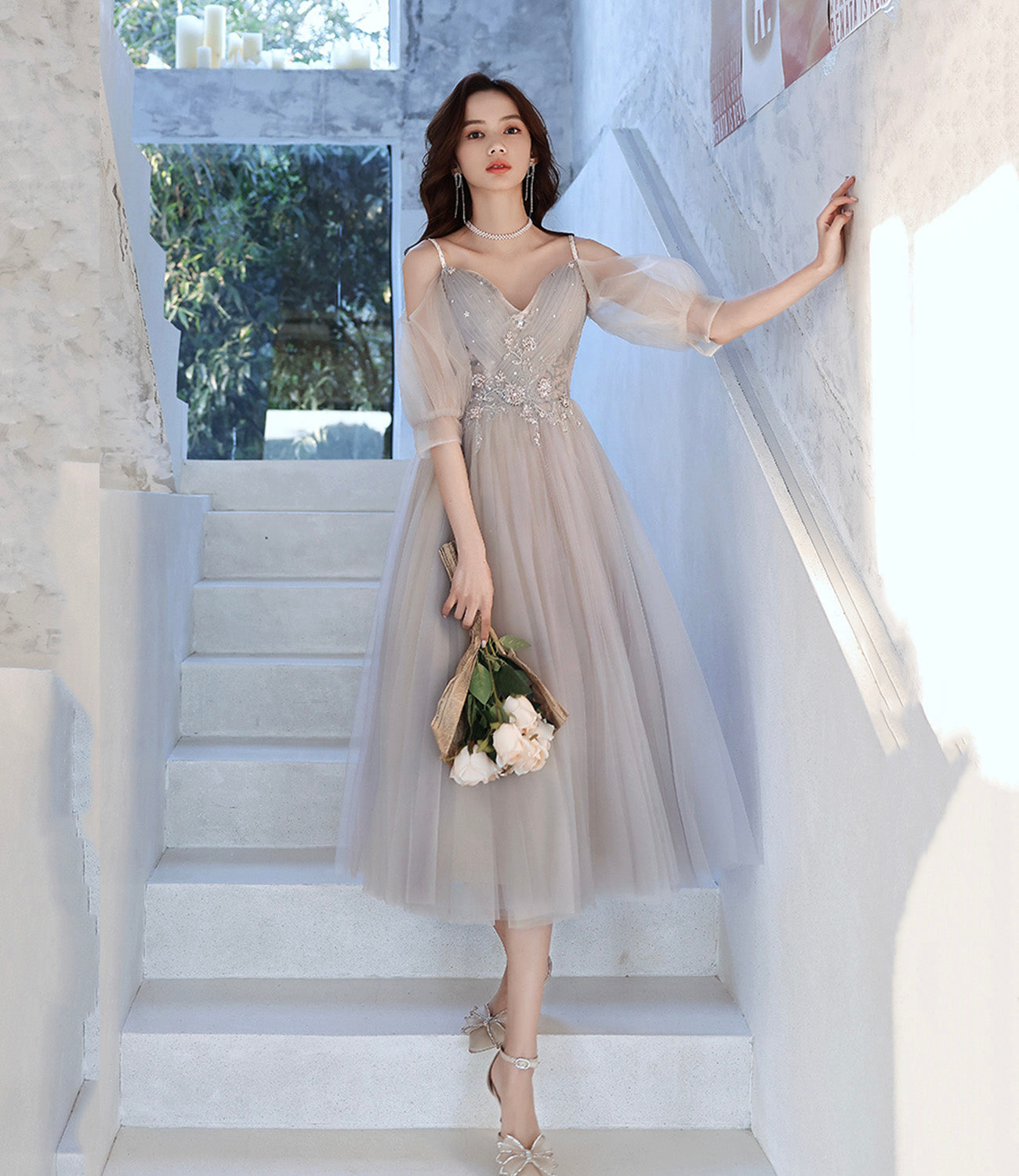 Cute tulle lace A line prom dress lace evening dress 10560