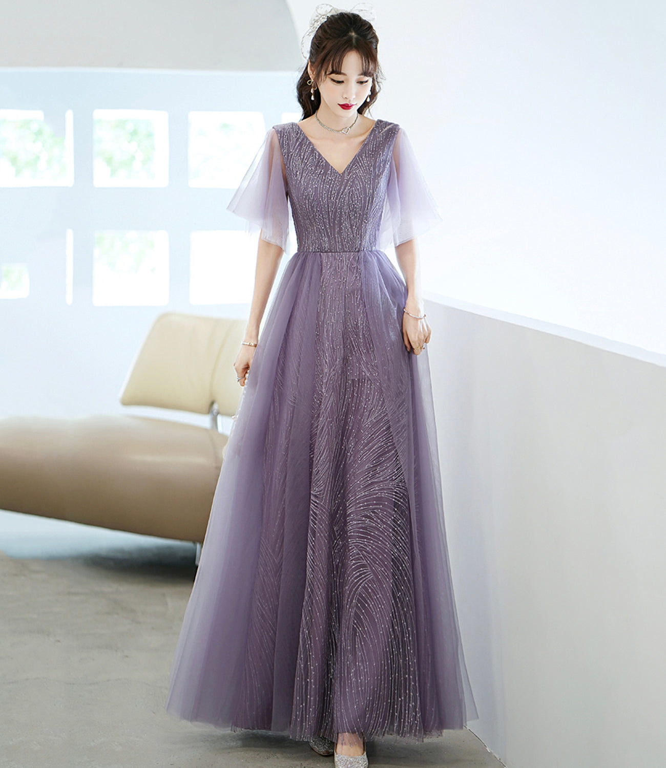 Purple tulle sequins long prom dress A line evening dress 10462