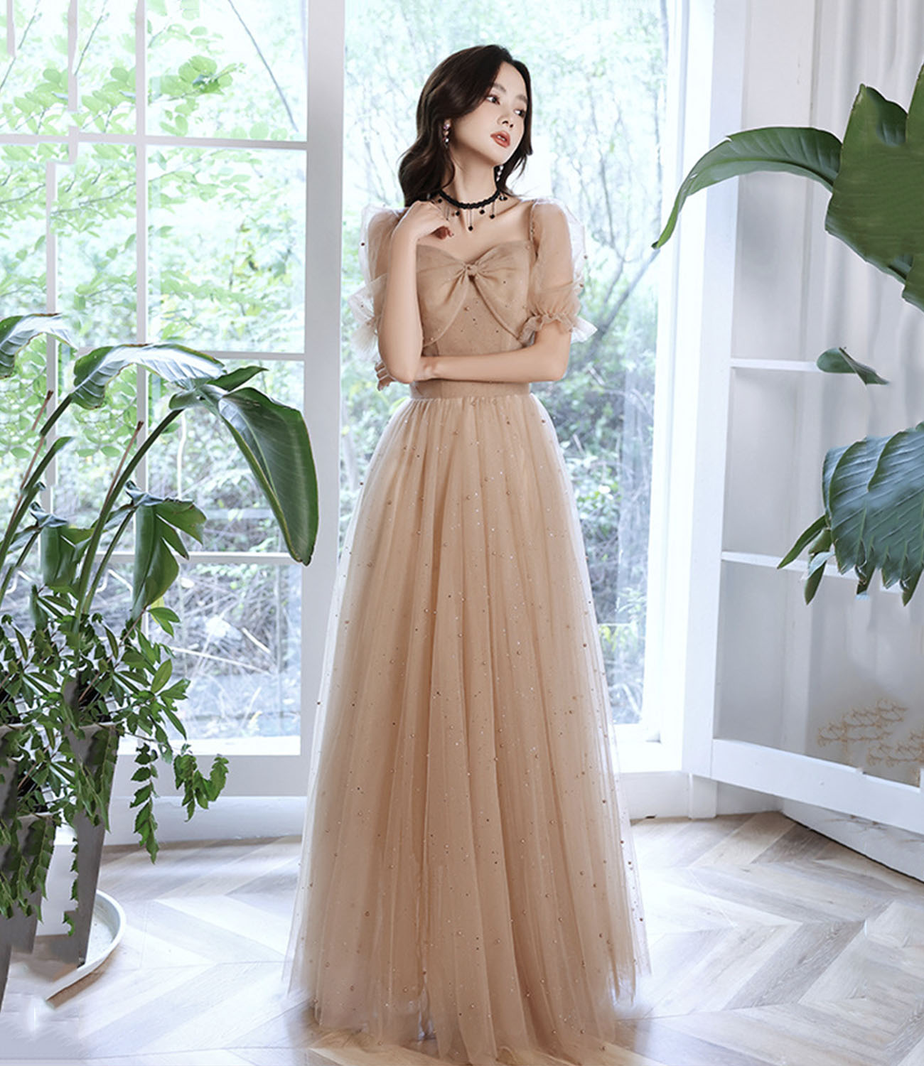 Cute tulle long prom dress A line evening dress 10430