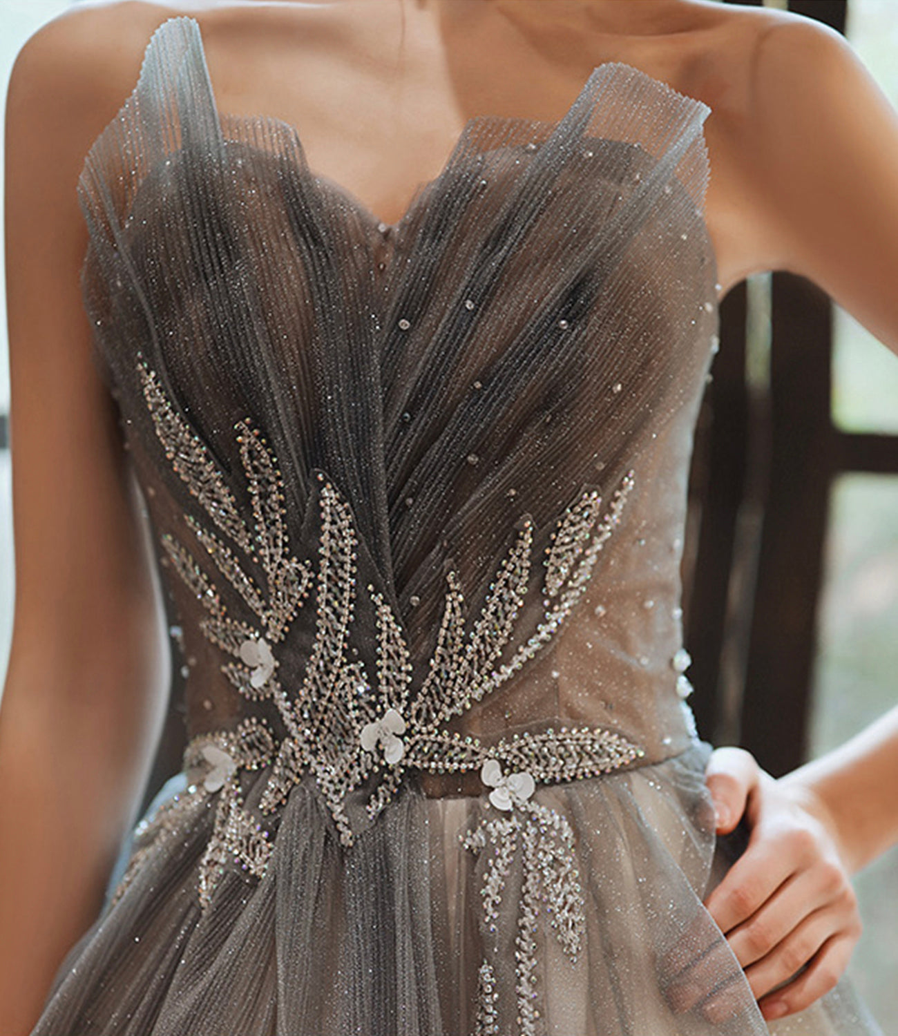 Gray tulle sequins long prom dress A line evening gown 10376
