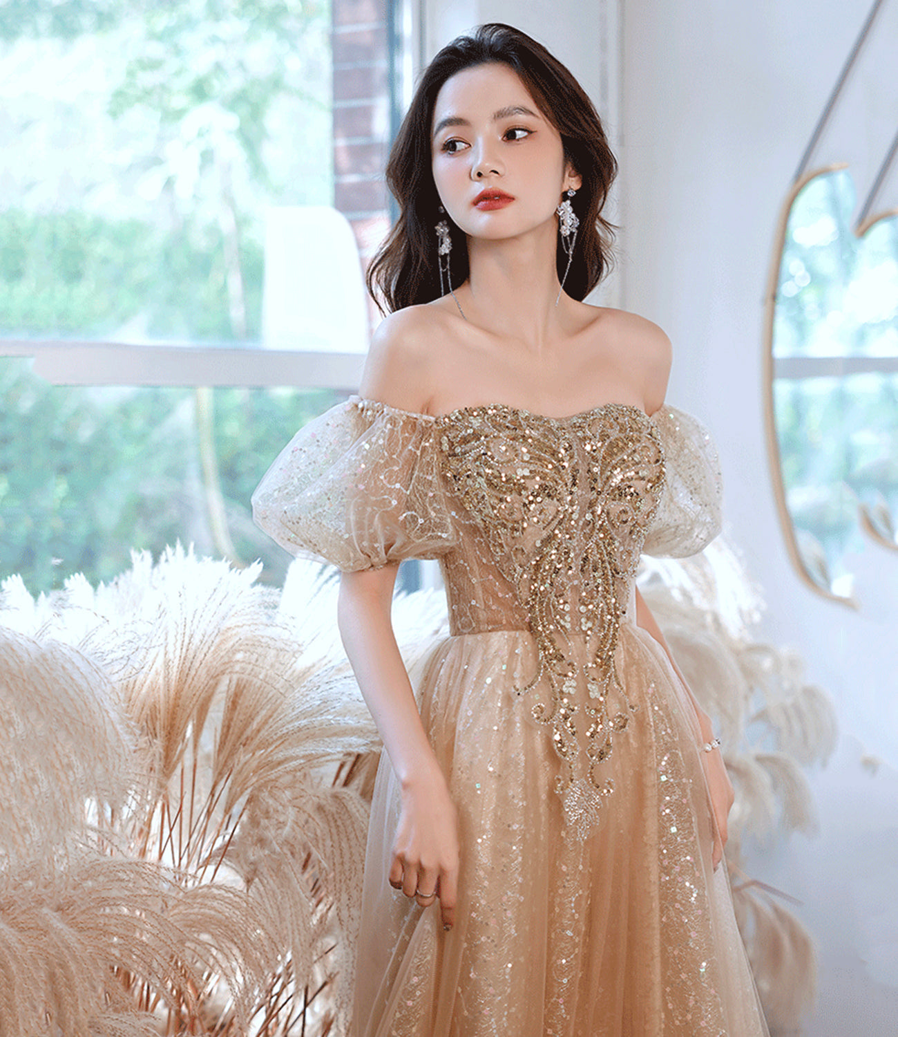 Shiny tulle sequins long prom dress A line evening dress 10389