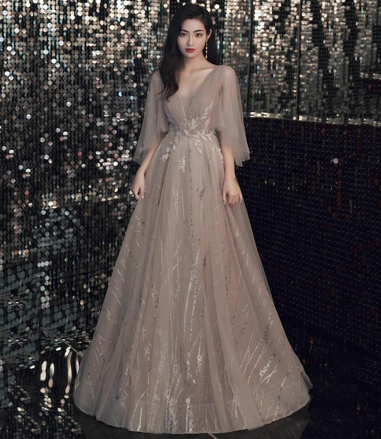 Champagne tulle lace long prom dress A line evening gown 10464