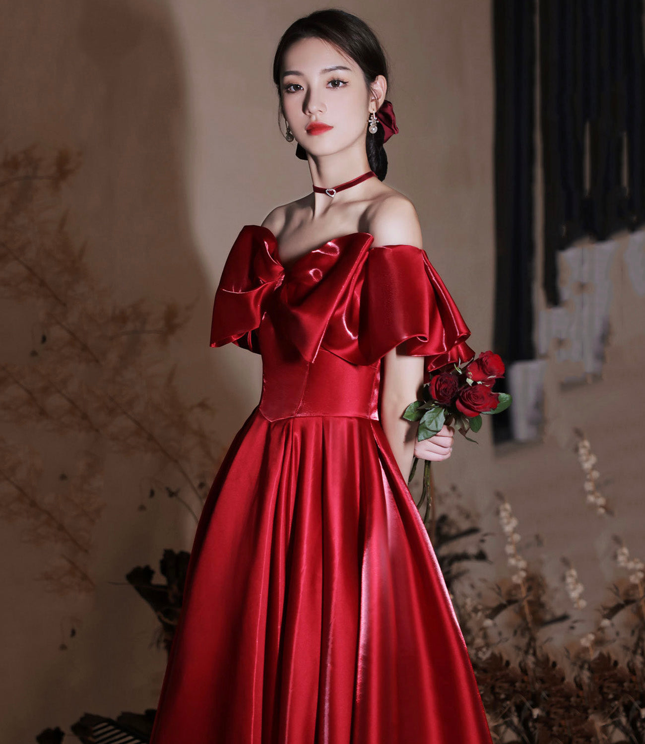 Red satin long prom dress A line evening dress 10582