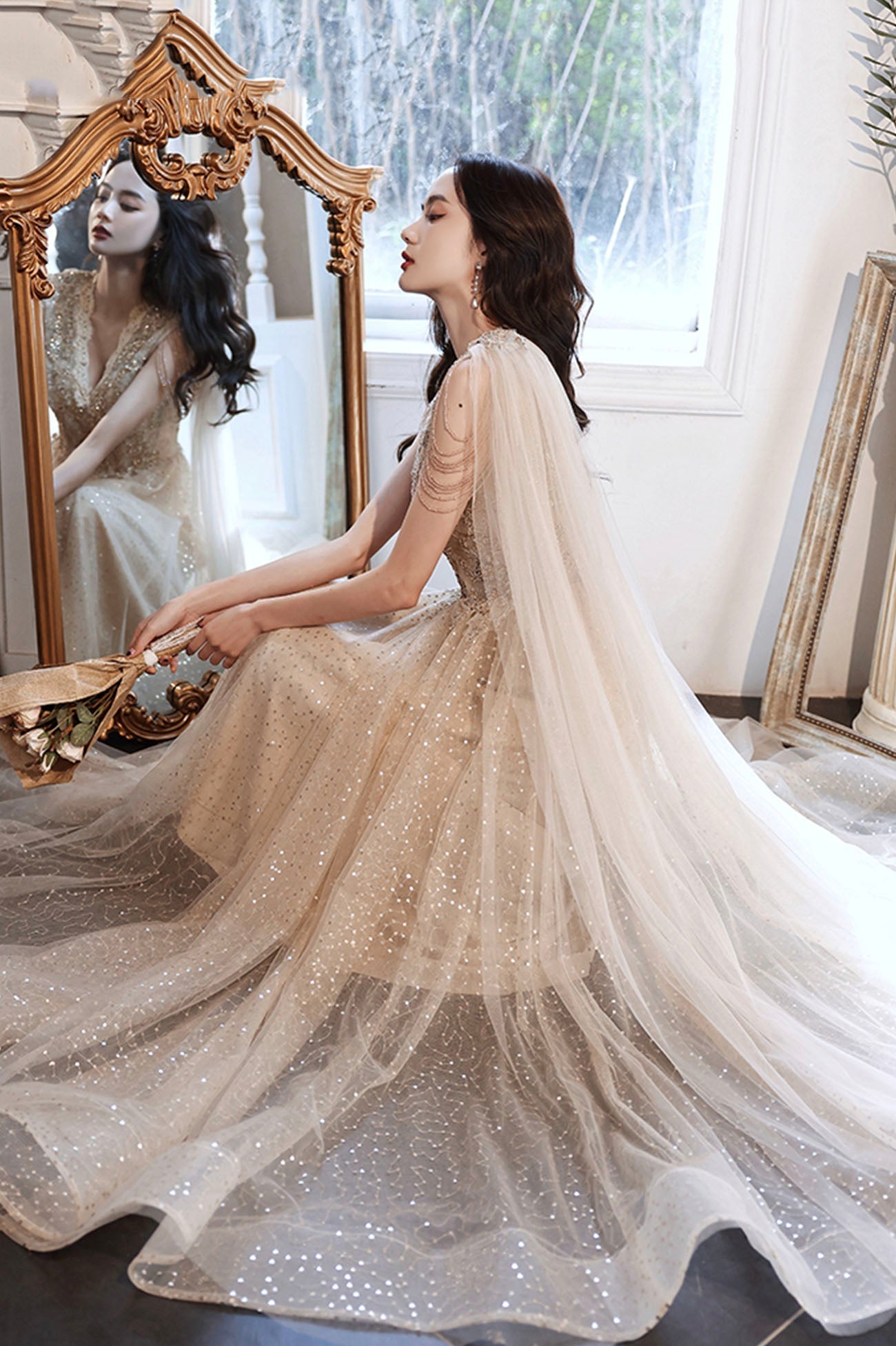 Champagne tulle sequins long prom dress evening dress 10605