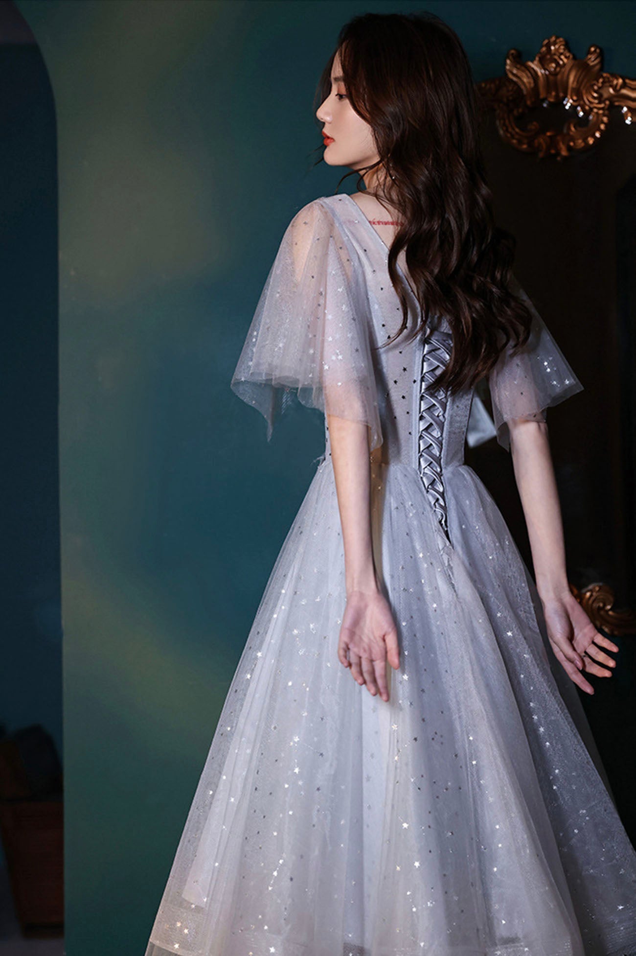Gray tulle sequins short prom dress homecoming dress 10611
