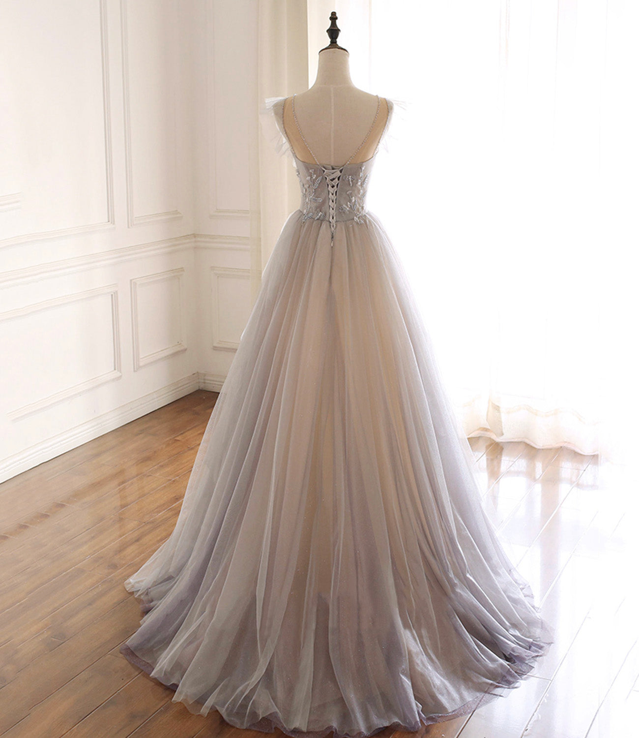 Lilac Elegant Cute Beaded Long Tulle Ball Gown A-Line Evening Dress 10572