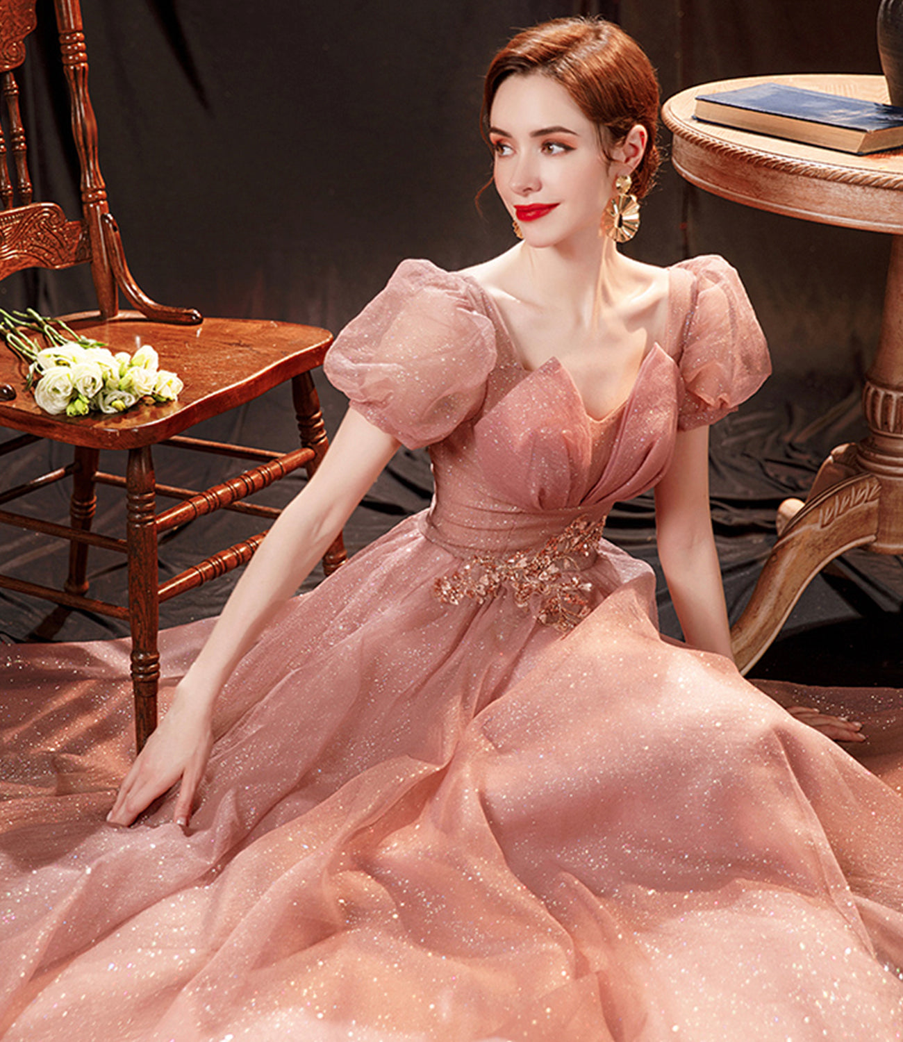 Pink tulle sequins long prom dress pink evening dress 10650