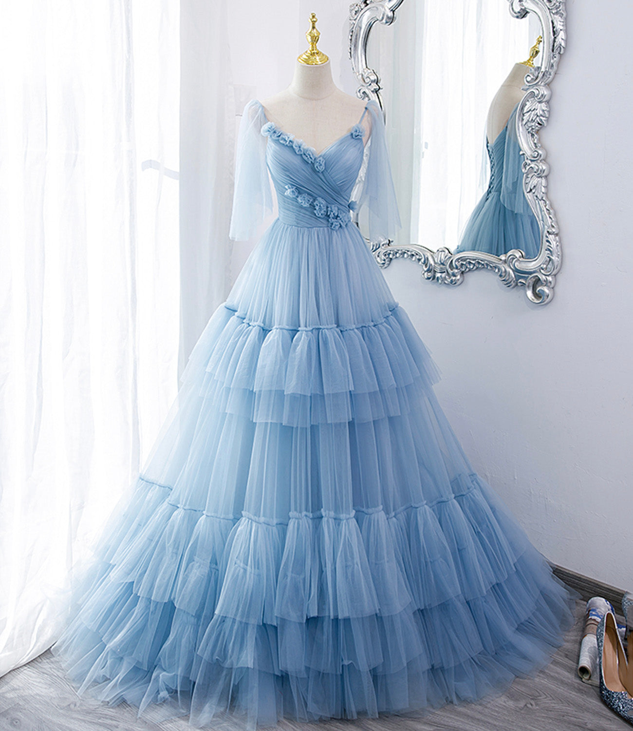 Blue tulle long A line prom dress blue evening dress 10551