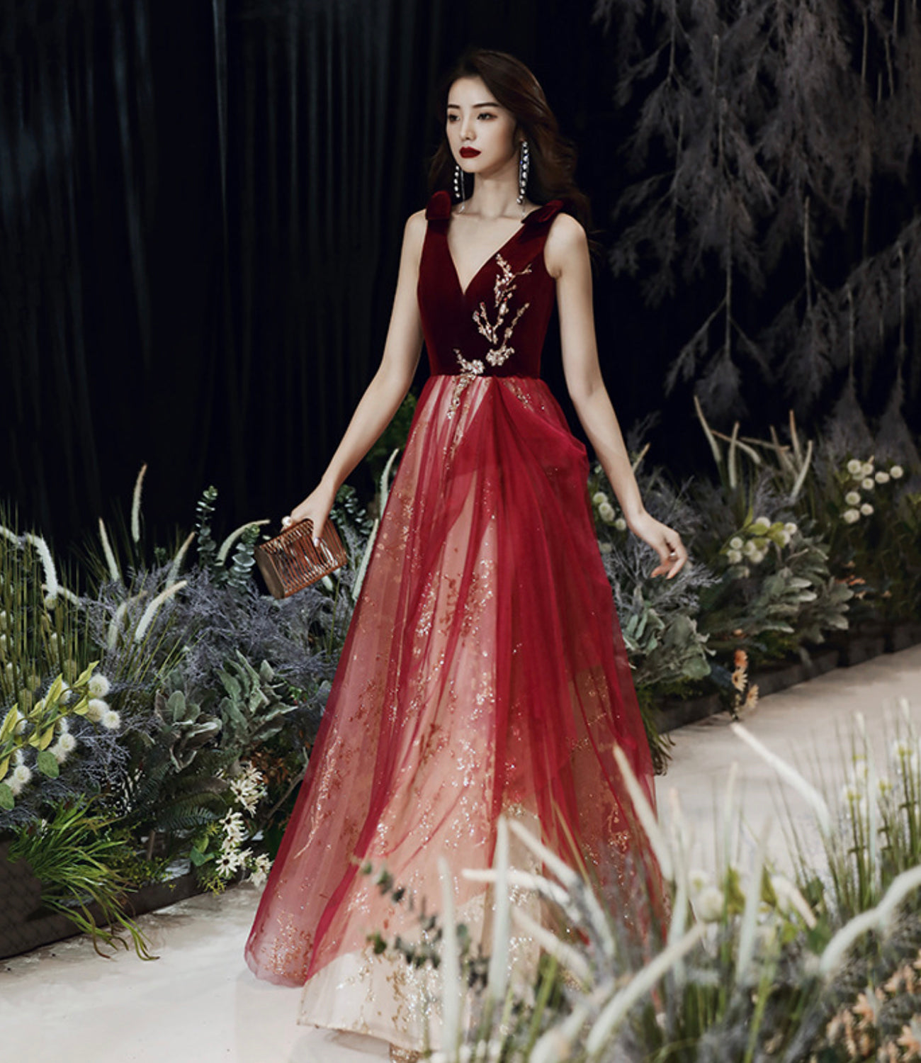 Burgundy velvet long prom dress A line evening gown 10495