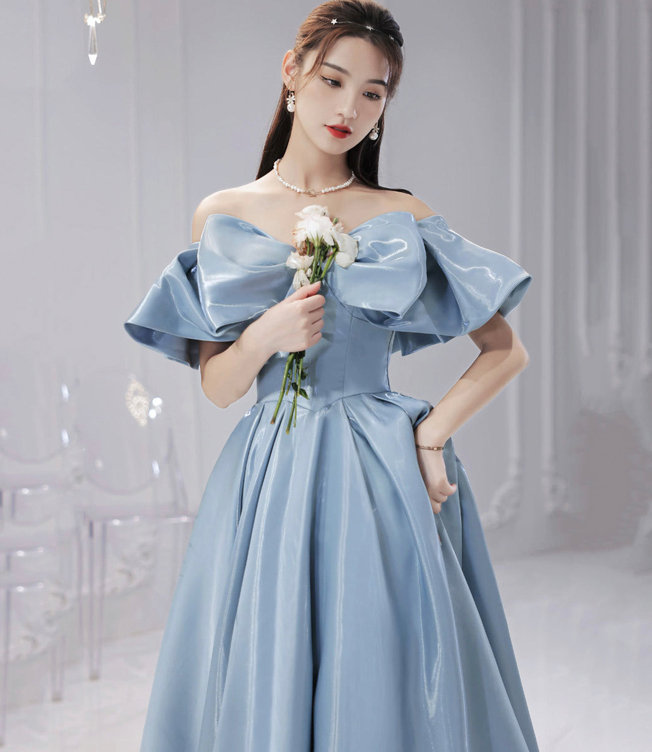 Blue satin long prom dress A line evening dress 10581
