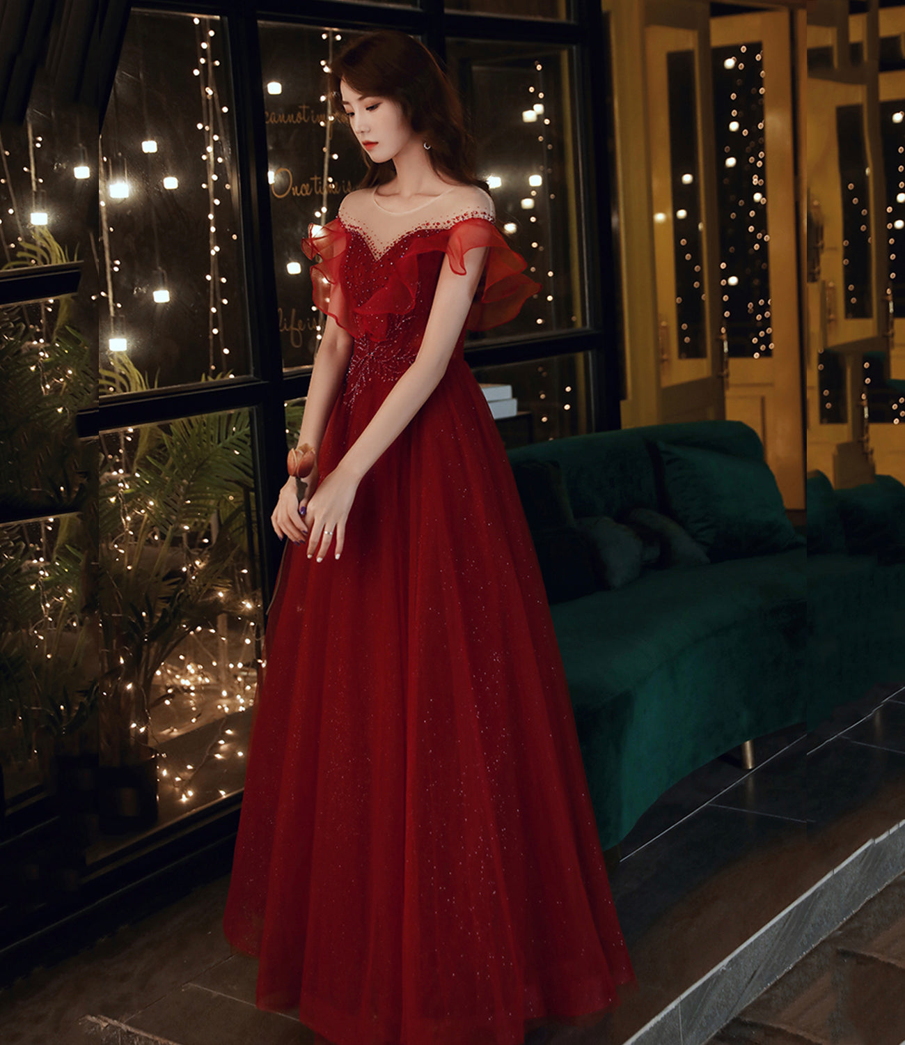 Burgundy tulle beads long prom dress A line evening gown 10481