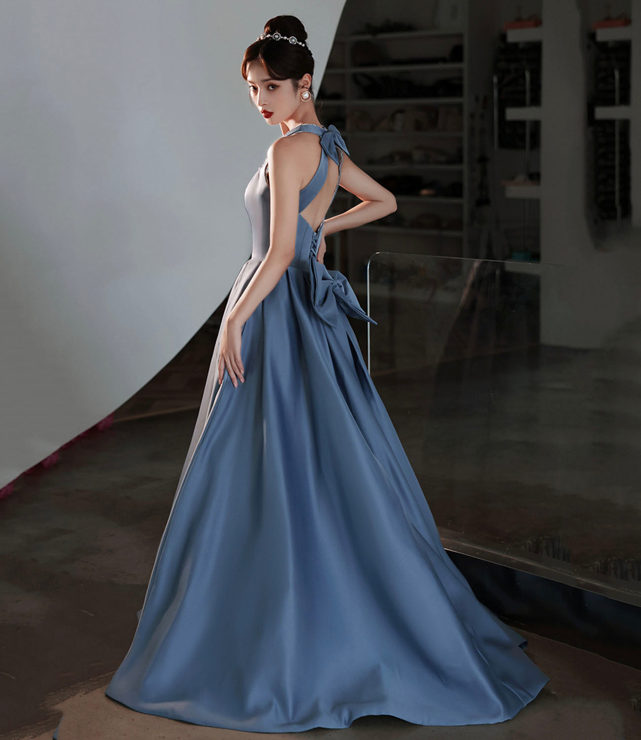 Blue satin long prom dress A line evening dress 10442