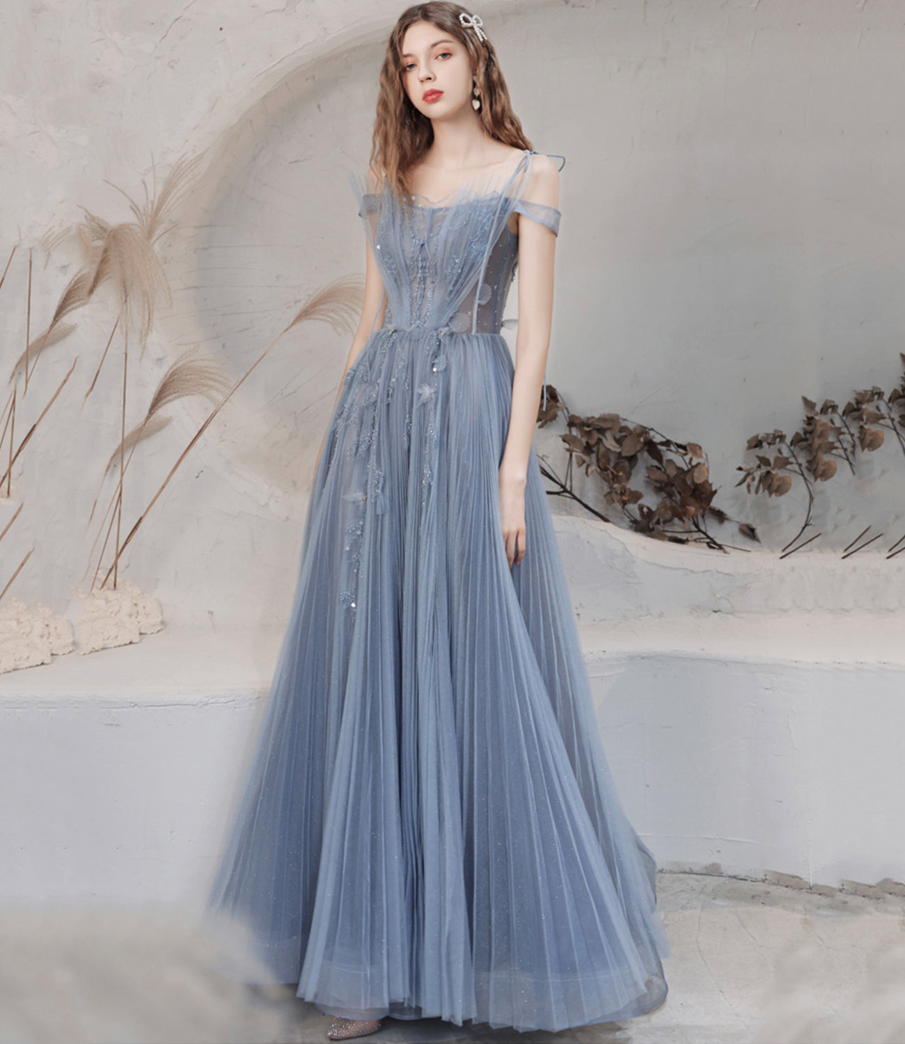 Blue tulle sequins long prom dress blue evening dress 10478
