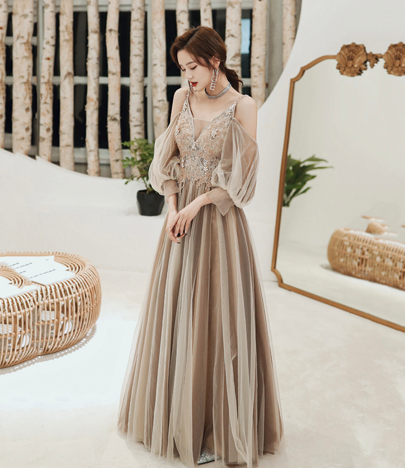 Cute tulle lace long prom dress A line evening dress 10449