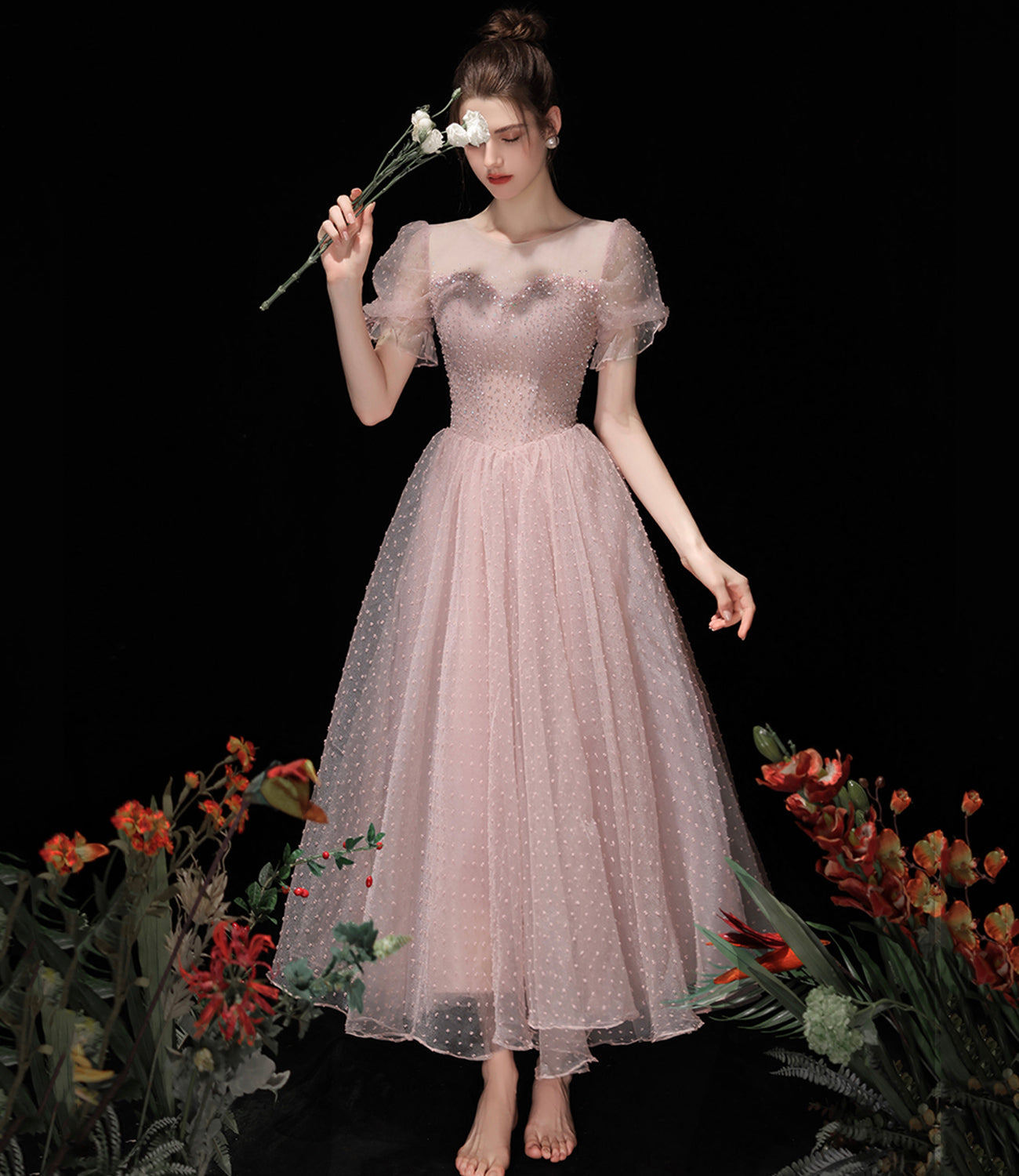 Pink tulle beads short prom dress A line homecoming dress 10518