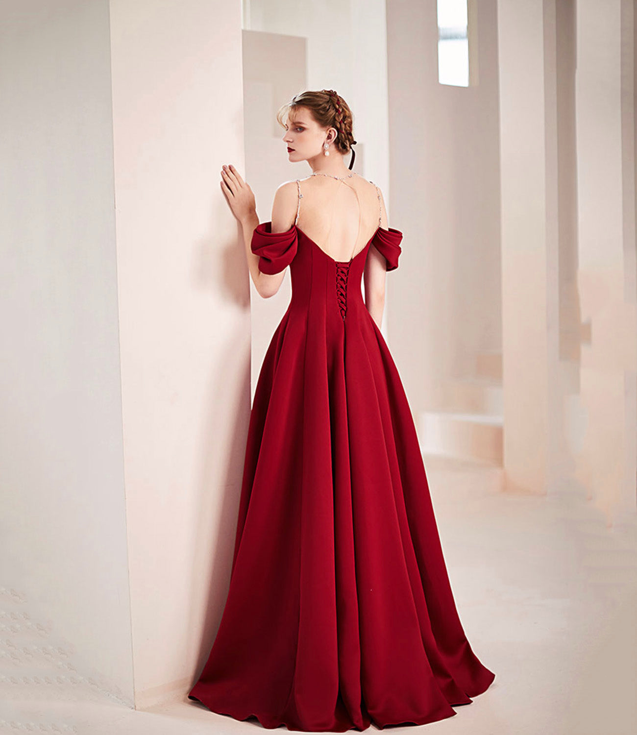 Burgundy satin long prom dress A line evening dress 10578
