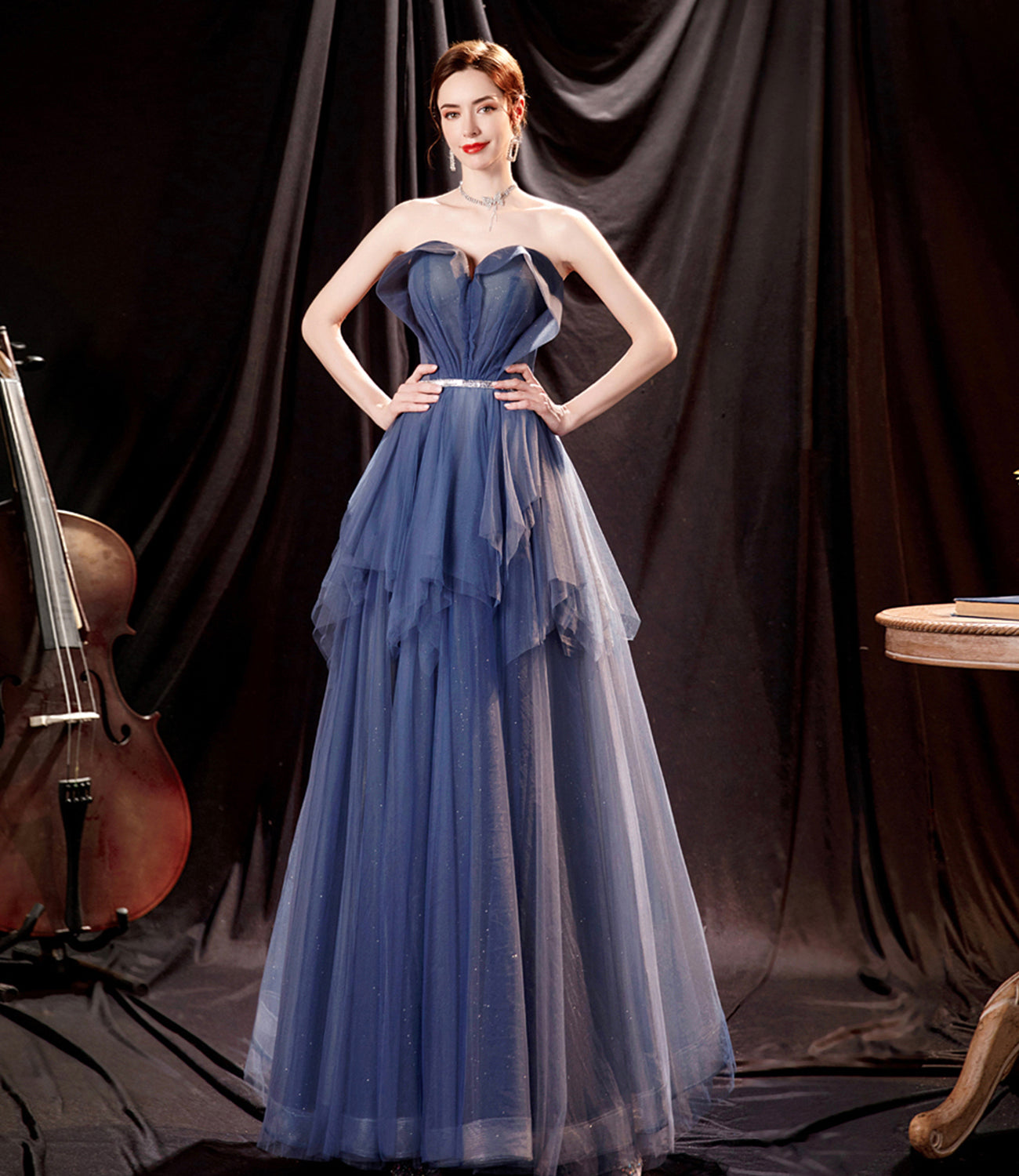 Blue tulle long A line prom dress blue evening dress 10533