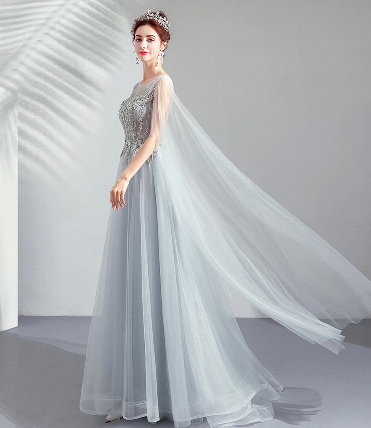Gray tulle lace long prom dress A line evening dress 10509