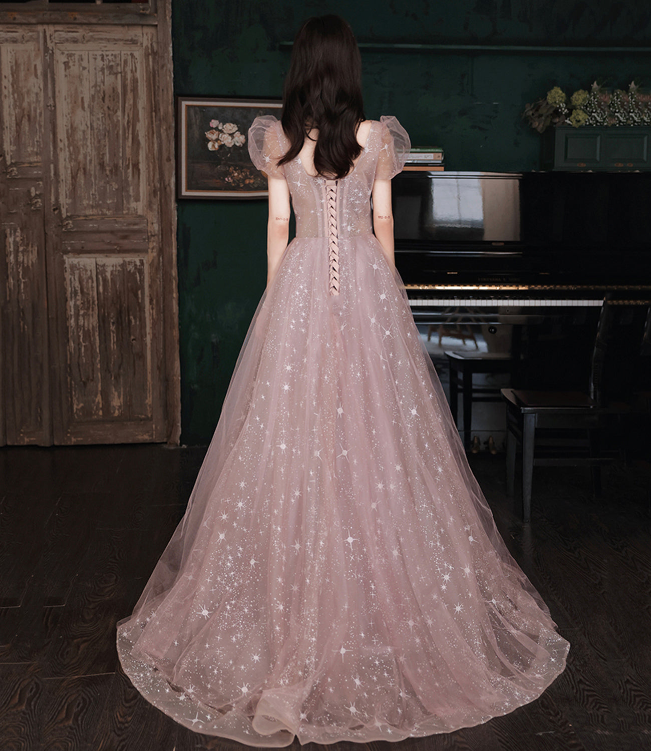 Pink tulle long prom dress A line evening gown 10490