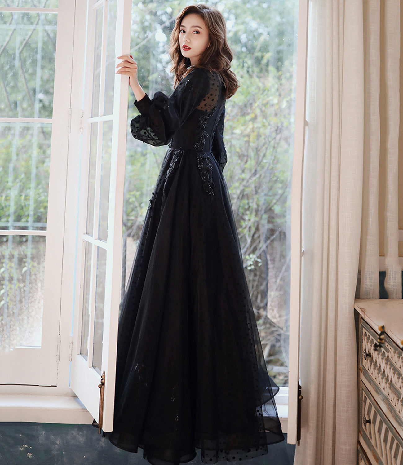 Black tulle lace long prom dress A line evening dress 10460