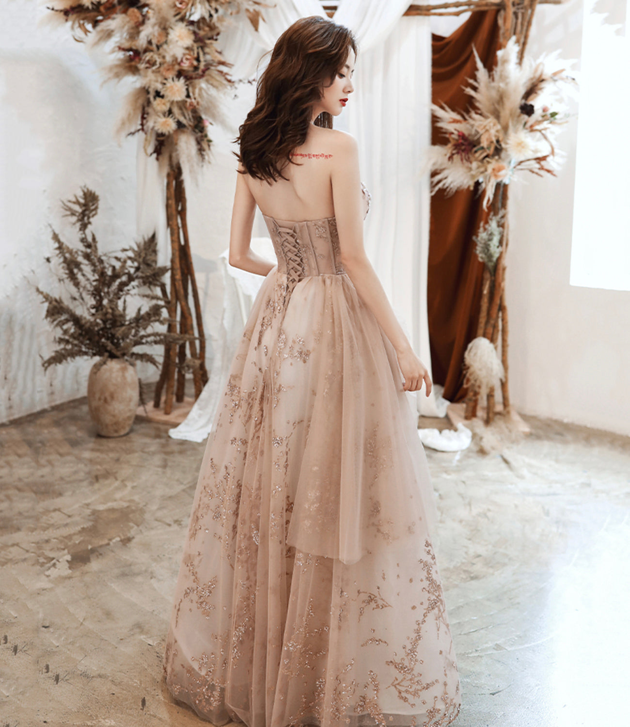 Cute tulle sequins long prom dress A line evening gown 10486