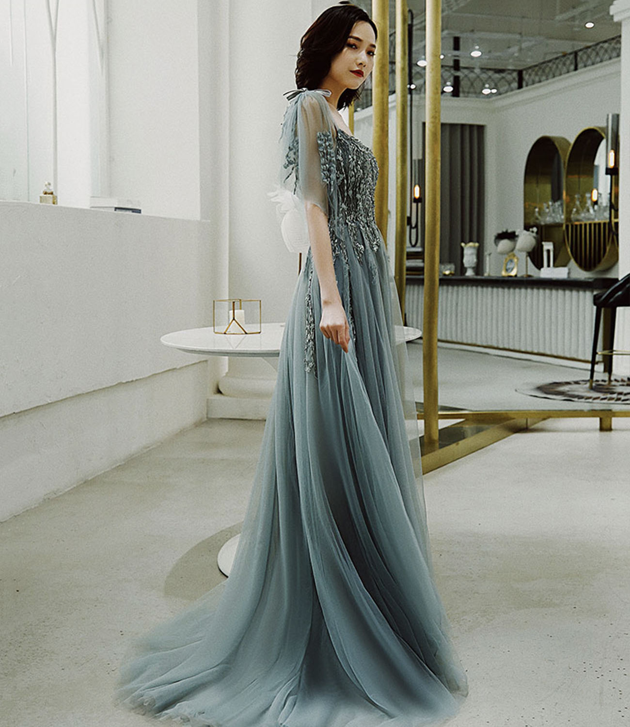 Cute tulle lace long prom dress A line evening dress 10422